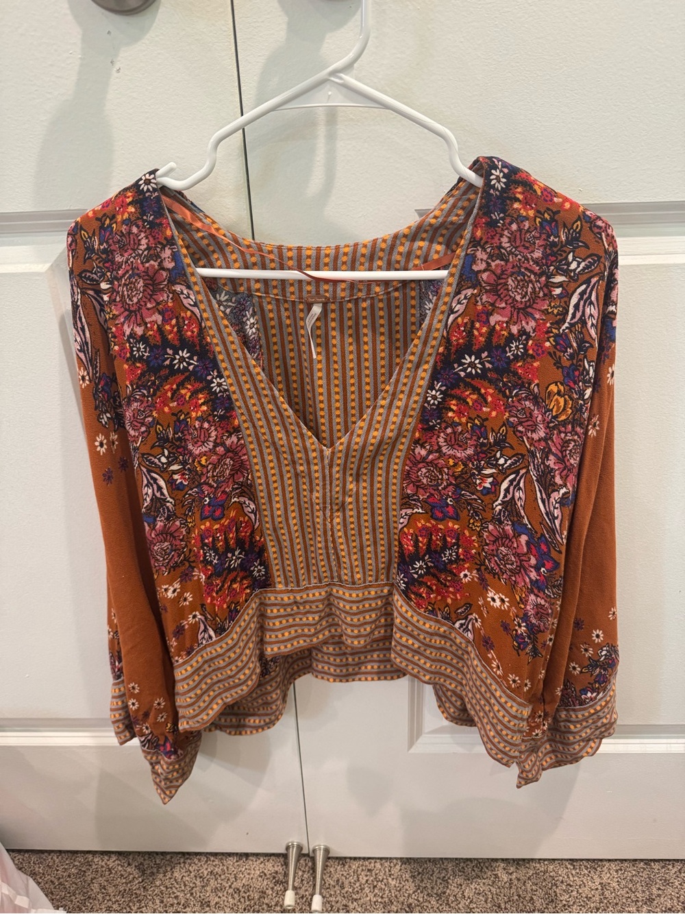 Free People Mix & Match Rust Floral Cropped Bell Sleeve Blouse